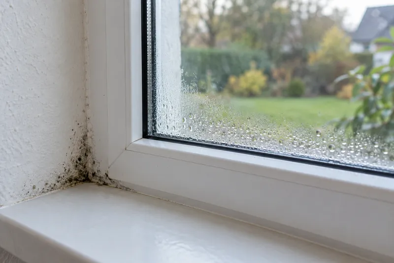 Illustration von Kondenswasser und Schimmel an einer Fensterlaibung